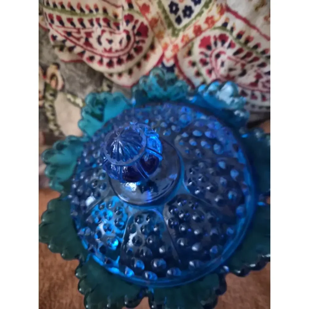 Vintage Fenton Colonial Blue Glass Hobnail Pedestal Covered Candy Dish